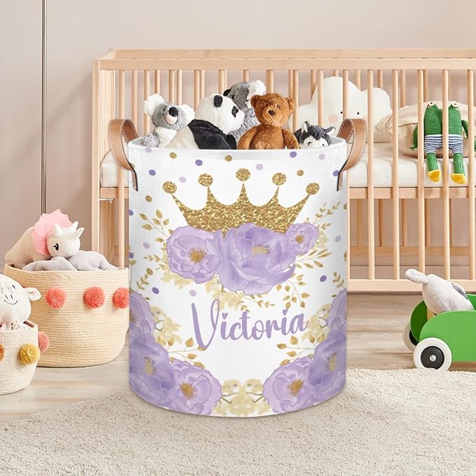 Personalized Laundry Basket, Custom Gift Laundry Hamper, Collapsible Nursery Waterproof Laundry Baskets, Dirty Clothes Toy Hamper with Handles Floral Gold Crown Princess