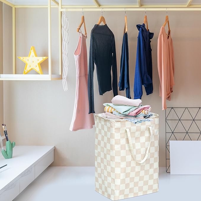 Beige Checkered Laundry Basket Girls Hamper Storage Bins Organizer Toy Box Large Canvas Collapsible Chest for Home/Dorm/Kitchen/Pet/Office/Closet/Shelf/Gift Baskets