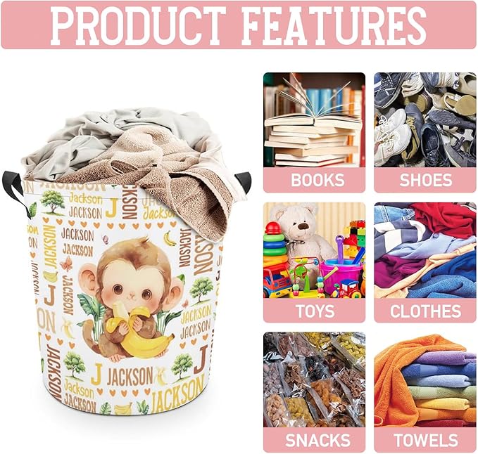 Monkey Laundry Basket,Custom Laundry Hamper with Name,Personalized Monkey Gifts for Boys Girls,Customize Collapsible Laundry Basket for Bedroom Bathroom,S-16.5"x 13.8"