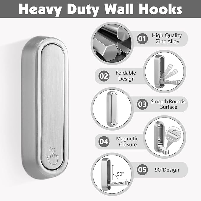 Folding Coat Hooks, 6 Pcs Foldable Silver Wall Hooks Heavy Duty Foldable Hook Bathroom Towel Hooks Robe Hooks Wall Mounted for Hanging Coat Towels Clothes Hat Bags Keys