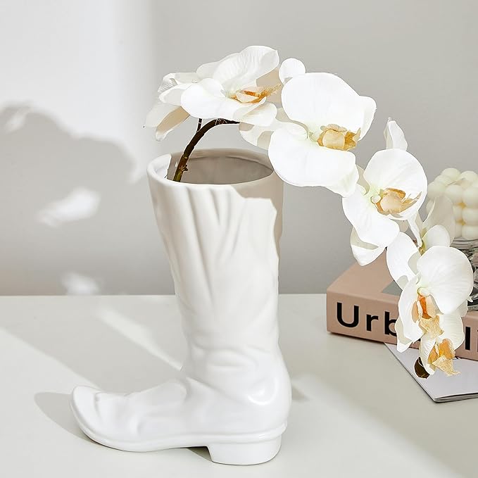 Denique White Ceramic Cowboy Boot Vase, Unique Boot Shaped Flower Vase for Home Decor, Modern Farmhouse Decorative Vase for Living Room, Bedroom, Office, Table Centerpiece, Gift for Women