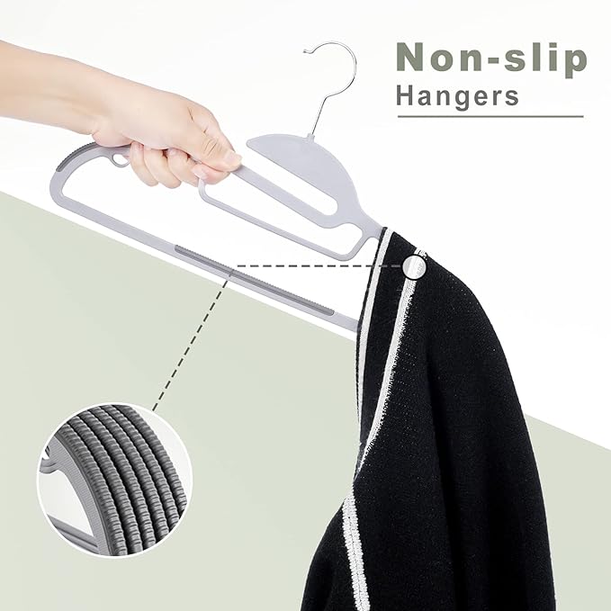 BAGAIL Plastic Hangers 50 Pack with Non-Slip Design,0.2 Inches Thick, 360°Swivel Hook Space Saving Organizer for Bedroom Closet,Shirts,Pants(Grey- S Shaped)