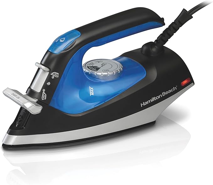 Hamilton Beach 2-in-1 Steam Iron for Clothes and Garment Steamer with 5 Temperature Settings, Nonstick Soleplate, 1200 Watts, 8’ Cord, Black & Blue (14525F)