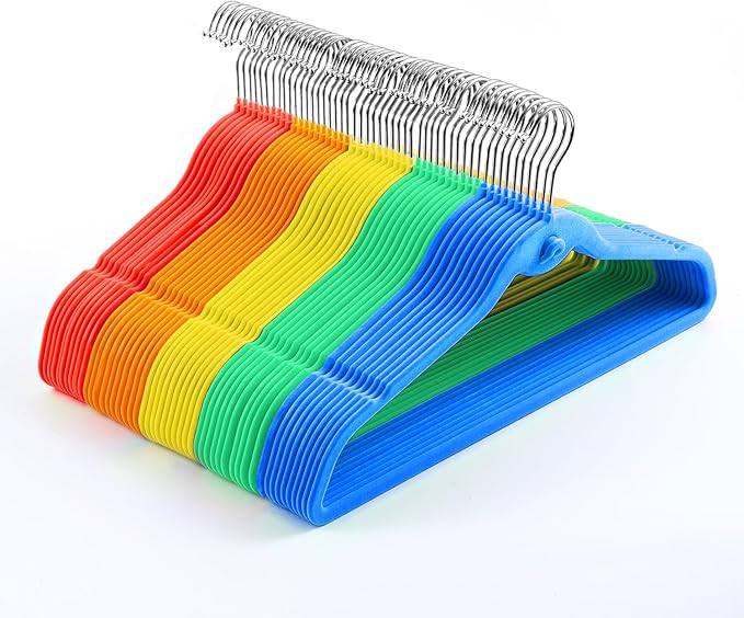 Multi-Color Premium Velvet Hangers with Mini Hooks, Pack of 50, Non Slip, Space Saving Cascading Clothes Hangers, Rainbow Colors, Red, Orange, Yellow, Green, Blue