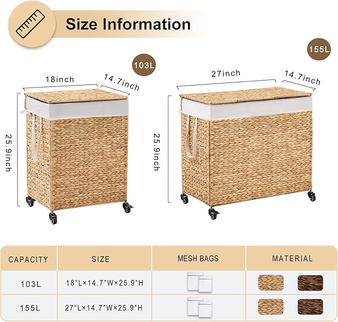 3-Section Laundry Hamper with Lid, Large Capacity Woven Natural Water Hyacinth Laundry Sorter with Removable Liners, Rolling or Non-Slip Design for Bedroom (Natural, 155L)