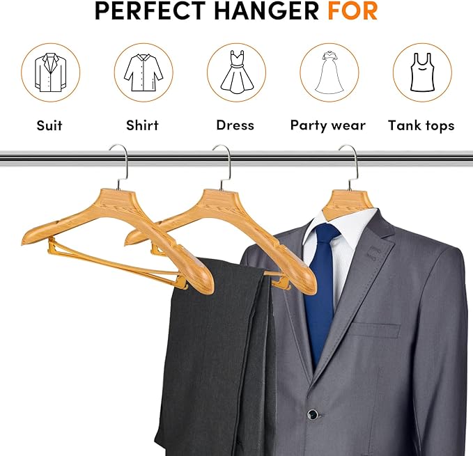 DEDU Suit Hangers for Men 15 Pack Width 17.5", Coat Hangers No Shoulder Bump Non Slip, Plastic Extra Wide Shoulder with Pants Bar & Metal Hook (Natural)