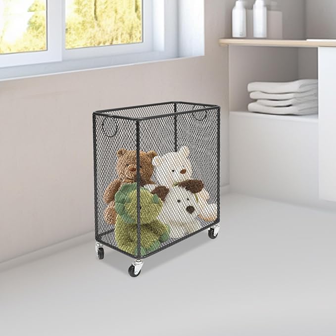 Laundry Basket on Wheels, Large Rolling Laundry Hampers, Stackable Storage Cart with Handles Removable Wire Organizer Baskets Clothing Sorting Rack (Black, Rectangular)