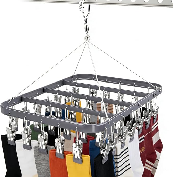 Clothes Drying Racks Clip Hangers Metal with 36 Clips Windproof Hook Underwear Hanger Foldable Laundry Clip for Socks Bras (Grey)