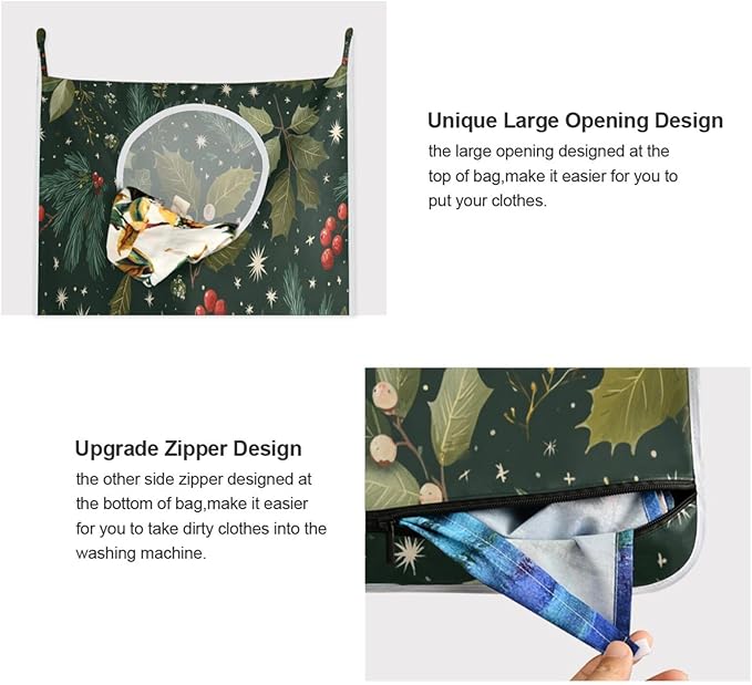 Green Christmas Holly Berries Pine Needles Leaves Hanging Laundry Hamper Door Hampers Bag Basket with Stainless Steel Hooks Oxford Fabric Printing Decorative Clothes Bags 29.5X20inch 2Pack