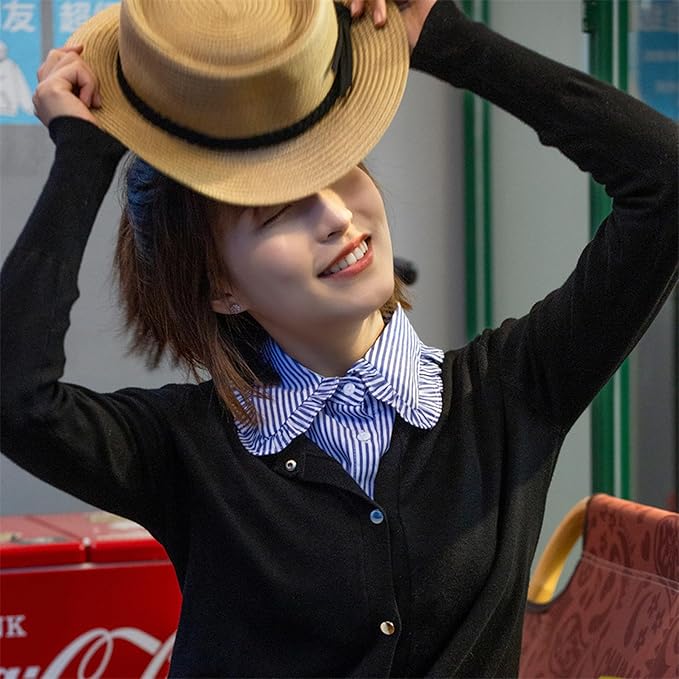GUZOSJO Blue Striped Detachable Collar Shirt,Dickey Half Blouse False Collar for Lady Girls Men