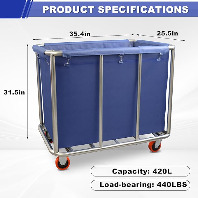 420L Commercial Rolling Laundry Cart with Wheels, 440 Lbs Heavy Duty Stainless Steel Frame Hamper, Extra Large Laundry Basket with Removable Waterproof Liner Bag for Hotel, Hospital & Dorm, Blue