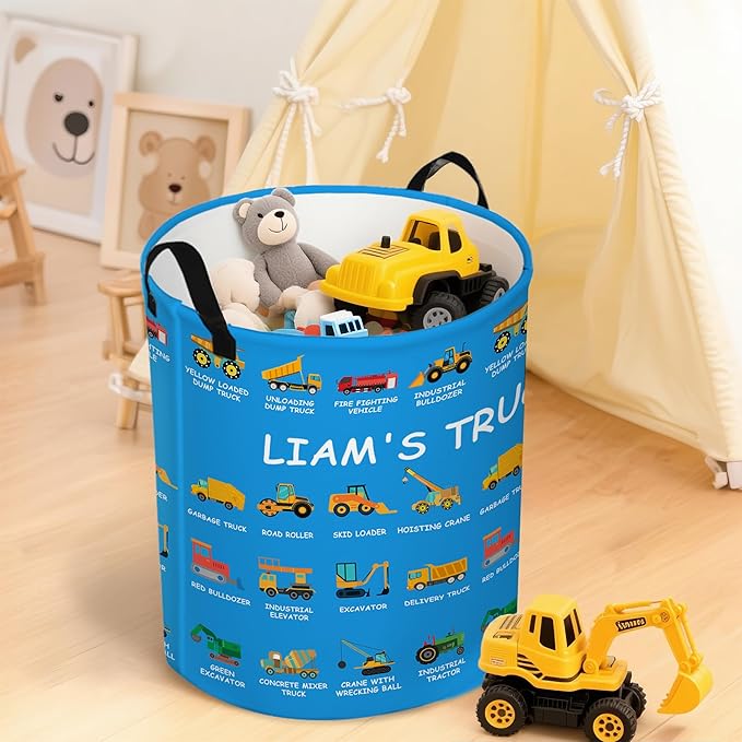Personalized Laundry Hamper | Custom Name Excavator Design Laundry Baskets | 12 Colors Option | Gifts for Clothes Toy Bathroom Bedroom Laundry Room Dorm