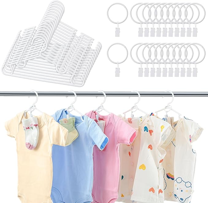 Hsei 30 Packs Nursery Baby Hangers with Ring Clips, Toddler Hangers, Kids Plastic Clothes Hanger for Infant Children Pants Closet Coat Skirts Socks(White)