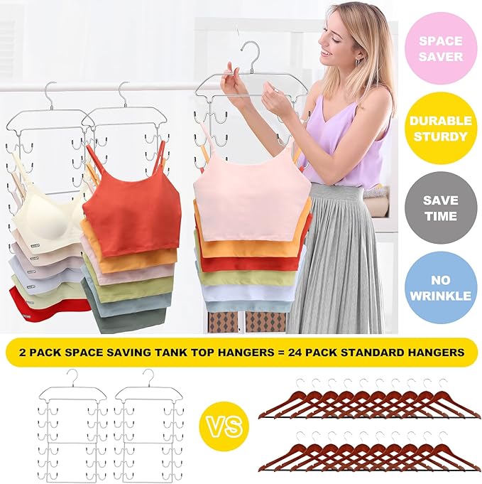 2 Pack Tank Top Hanger Space Saving, 6 Tier Metal Bra Hangers with 24 Hanging Hooks, 360° Rotating Closet Organizers and Storage, Small Space Solutions, RV Apartment College Dorm Room Essentials