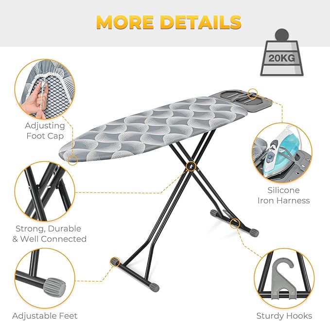 KINGBOARD Ironing Board, Metal Panel Iron Board Full Size with Iron Rest, Compact Iron Board with 7 Height Adjustable, Heavy Duty Folding Iron Stand with Hanger, 15x45 Grey