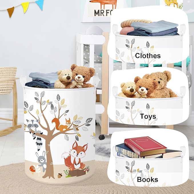 Forest Animals Laundry Hamper Woodland Tree Large Storage Basket Parents Organizer Kids Clothes Toy Bins for Bedroom, Bathroom, Fox, 63L