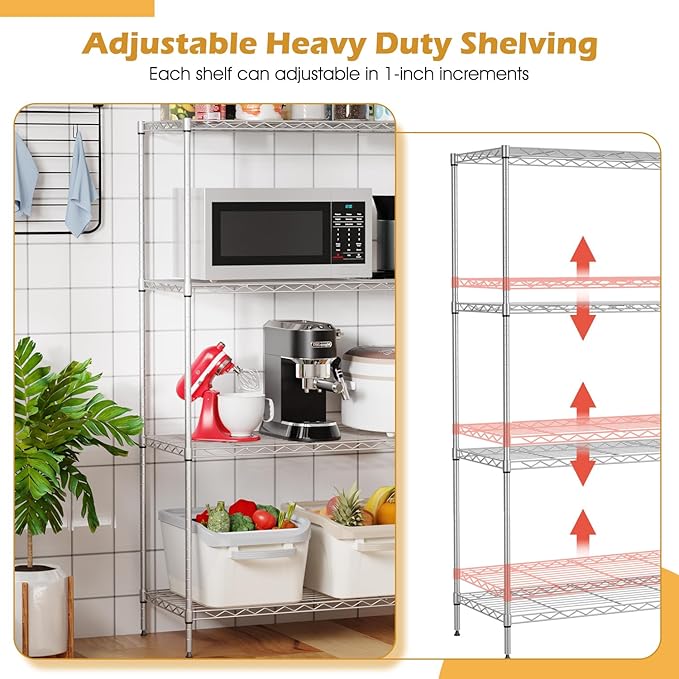 4-Tier Adjustable Metal Shelving Unit, Heavy Duty Garage Storage Rack, Wire Shelves & Closet Organizers, Utility Shelf for Kitchen, Pantry, Garage – Chrome, 53.7" W x 13.4" D x 35" H, 800 lbs