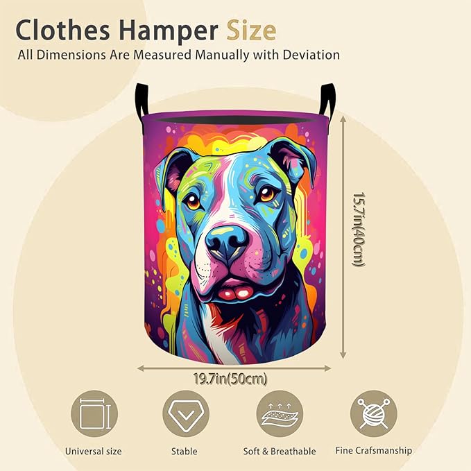 Colorful Pitbull Dog Laundry Basket Hamper for Boys Girls Kids Adults, Foldable Waterproof Oxford Clothes Storage Bin, Pet Art Organizer for Bedroom Bathroom Room Decor 19.7"x15.8"
