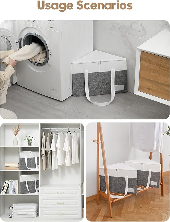 Beveetio 2-Pack Rigid Hanger Organizer Bags with Lid, Triangle Hanger Storage Organizers for Closet, Laundry Room, Wardrobe, Drying Rack, Dustproof Space Saving Holder, Grey & White