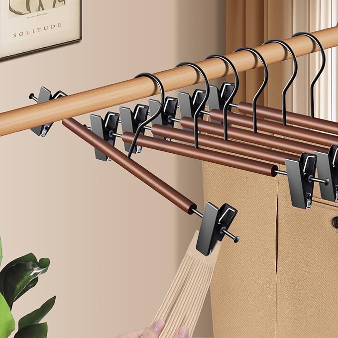Wooden Pants Hangers with Clips 14Inch 20 Pack Adjustable Wood Skirt Hangers for Women&Men Space Saving Closet Non Slip Clothes Hanger for Jeans,Trousers,Short,Brown
