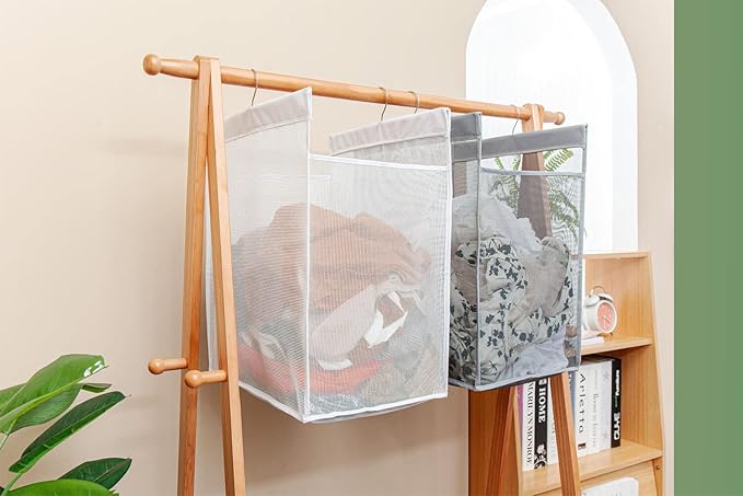ALYER Hanging Collapsible Closet Mesh Laundry Hamper,Heavy Duty Laundry Basket and Durable Dorm Bathroom Storage Bag with Two Hangers,Gray