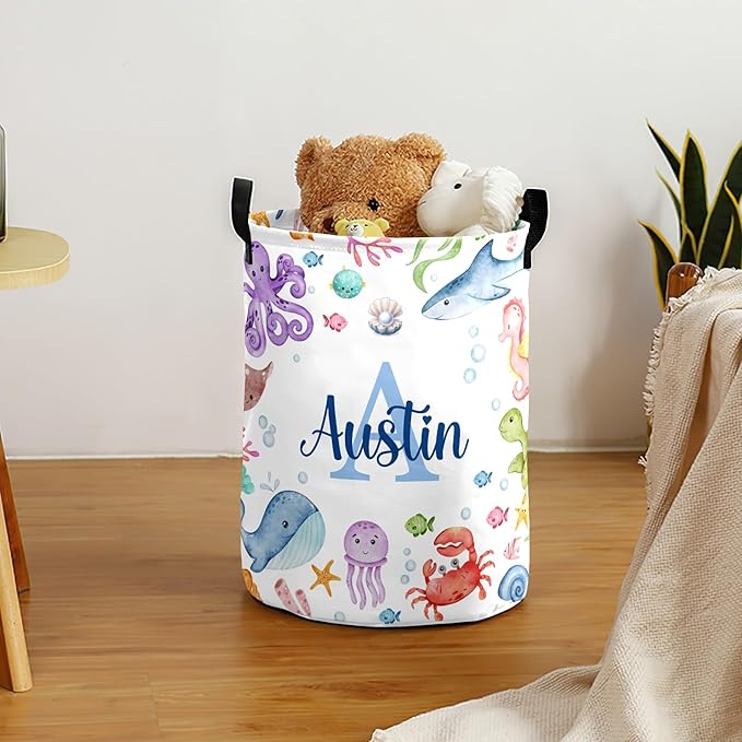 Large Custom Name Laundry Hamper, Ocean Sea Personalized Dirty Clothes Hamper Storage Basket with Name for Bathroom Bedrooms, Customized Name Circular Hamper with Handles for Baby Boys Girls Men Women