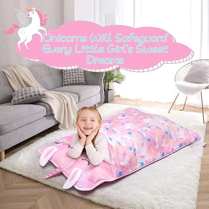 Toddler Nap Mat with Removable Pillow and Blanket Dream Unicorns Kids Sleeping Bag with Pillow Reinforced Stitching Machine-Washable, Soft Nap Mats for Daycare, Travel, Camping 53"x21"