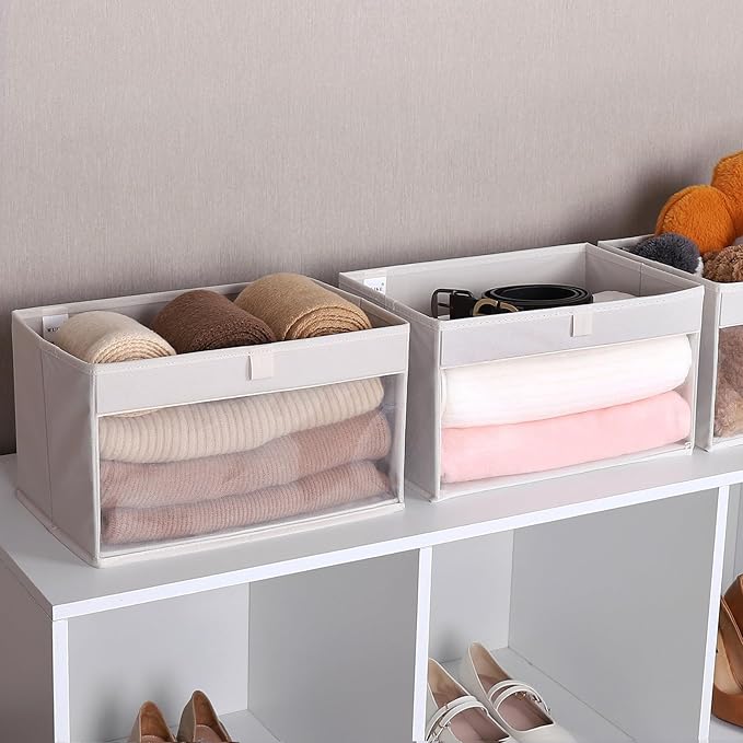 WUIKE 6-Pack Storage Bins with Window, Foldable Storage Baskets for Clothes, Purse, Blanket, Beige, Large