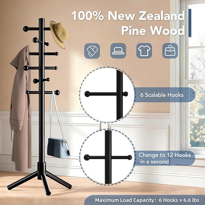 Wooden Coat Rack Freestanding with 12 Hooks 3 Adjustable Heights，Standing Coat Rack Tree for Hat and Coat Rack for Small Spaces Entryway,Office,Bedroom,Black