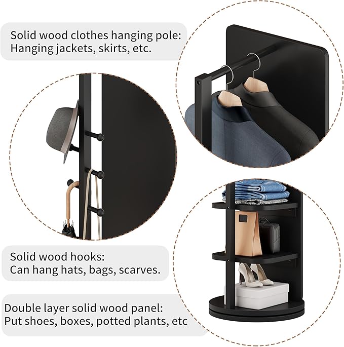 CHANCEE 360° Rotating Mirror Coat Rack, Solid Wood Standing Mirror with Storage Hooks and Shelves, Space-Saving Multifunctional Organizer for Bedroom, Living Room, or Cloakroom (Black)
