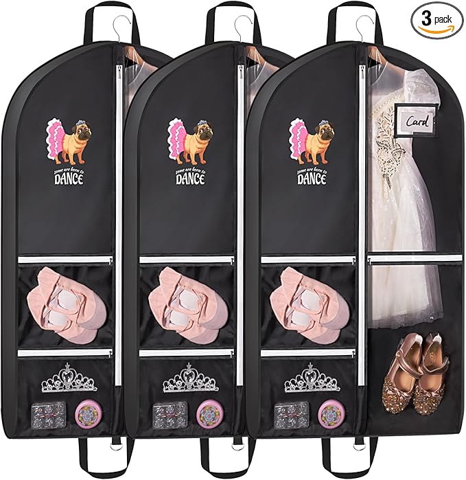 Univivi Dance Garment Bags for Dancers, 3" Gusseted Garment Bags for Dance Costumes with 5 Pockets, 40" Dance Garment Bag with Puppy Pattern for Dance Competitions and Travel, 3-Pack (Black)