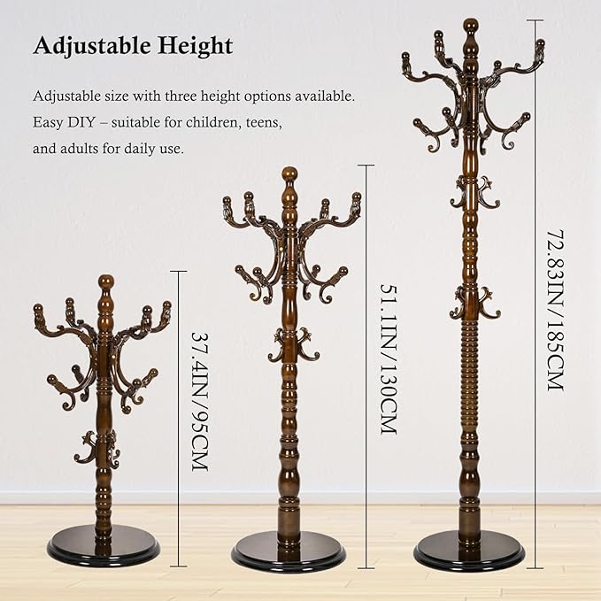 Coat Rack Stand, Solid Wooden Coat Tree with 14 Hooks, Heavy Duty Coat Rack Freestanding with Sturdy Round Base, Natural Birch Wood Coat Hanger Stand for Entryway Bedroom (Light Brown H9)