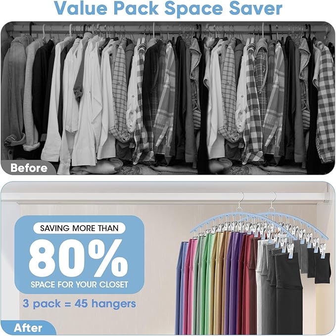 3 Pack Legging Organizer for Closet Hanging, Pants Hangers with Clips Holds 45 Leggings, Shorts, Skirts, Jeans, Hats, Pants Hangers Space Saving Clothes Racks Closet Organizers and Storage, Blue
