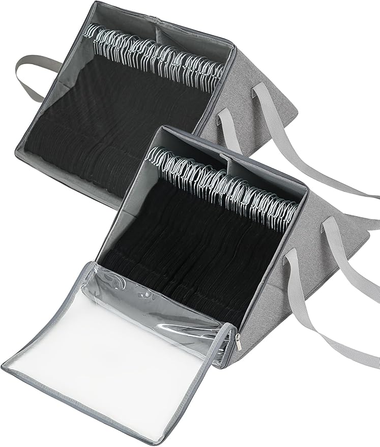 Qozary 2 Pack Upright Clothes Hanger Organizer Bag for Tangle-Free - Dual Compartments Hanger Storage Containers with Clear Cover for Closet Laundry Room, Foldable Organizer with Carry Handle