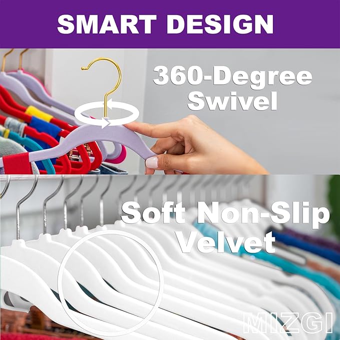 MIZGI White Velvet Hangers 60 Pack,Premium Chrome Clothes Hangers Non-Slip Felt Hangers,Sturdy White Heavy Duty Coat,Durable Suit Hanger for Space Saving, No Flocked Hanger Marks