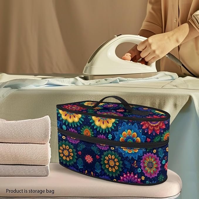 Blue Boho Mandala Print Steam Iron Case Portable Travel Iron Organizer Handheld Steamer Holder with Handle Waterproof Travel Accessories, Case Only