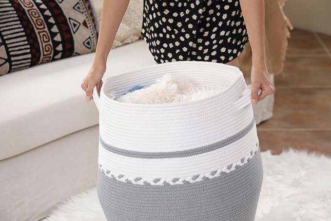 26" x 20" Handcrafted Tall Cotton Rope Basket with Lid, Stylish Flagon Shape with Cover, Clothes Hamper with Top, for Bedroom and Living Room, White/Grey