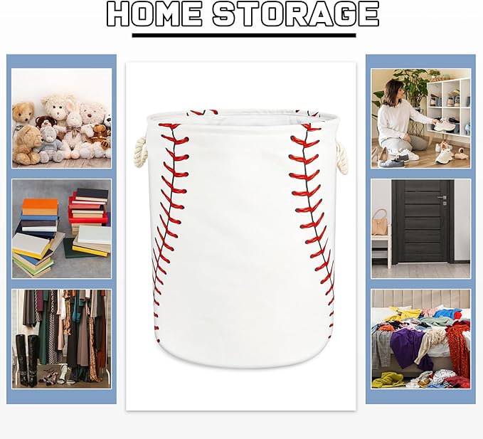 Baseball Texture Laundry Basket with Handles Collapsible Laundry Hamper Waterproof Toy Organizer Funny Dirty Clothes Hamper for College Dorm Bathroom Bedroom