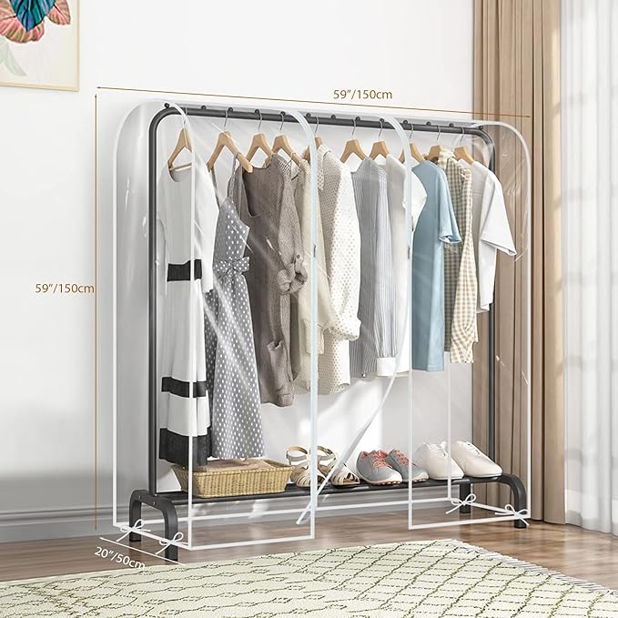 Garment Rack Cover waterproof ransparent Clothes Rack Cover, PEVA Dustproof Wardrobe Hanging Protector Rack Organizer with 2 Smooth Zipper (60 * 20 * 60inch)