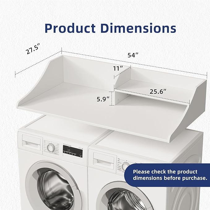2 Tiers Washer Dryer Countertop, 54" Width x 27.5" Depth Laundry Countertop Organization, Wooden Washer and Dryer Topper for Folding, Sorting & Ironing, Easy to Install, White