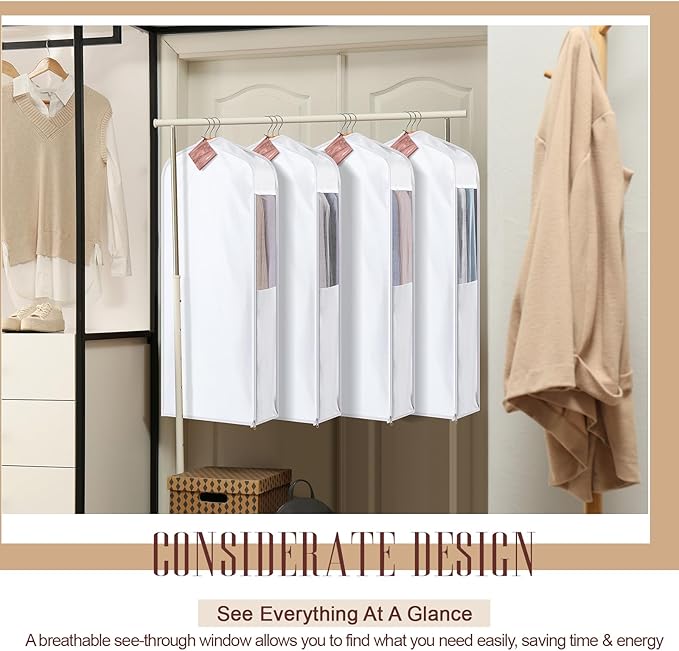 1 Set 40'' x 24'' x 6'' Short Cotton Garment Bags for Hanging Clothes and Storage, 4 Cedar Blocks for Fresh Smell and Moth Protection, Breathable Covers for Closet Suits Fur Coats Sweaters