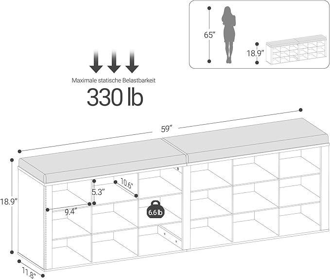 Shoe Storage Bench with Cushion, Entryway Storage Bench with 18 Cubbies, 9.5" Widened Organizer Cabinet, Long Cubby Rack for Living Room, Bedroom, Entryway, White and Brown SB25714KA