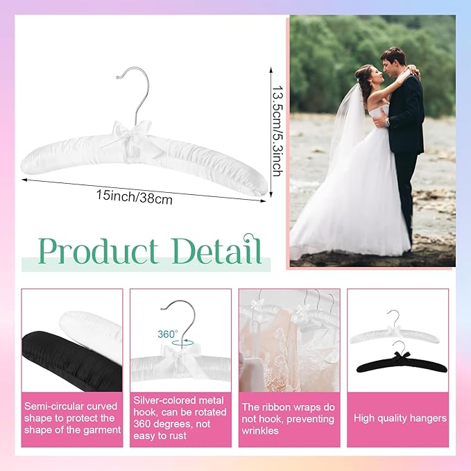2 Pack 15 Inch Satin Padded Hangers - Bride Groom Hanger Wedding Dress Suit Hanger White and Black No Shoulder Bump Hangers