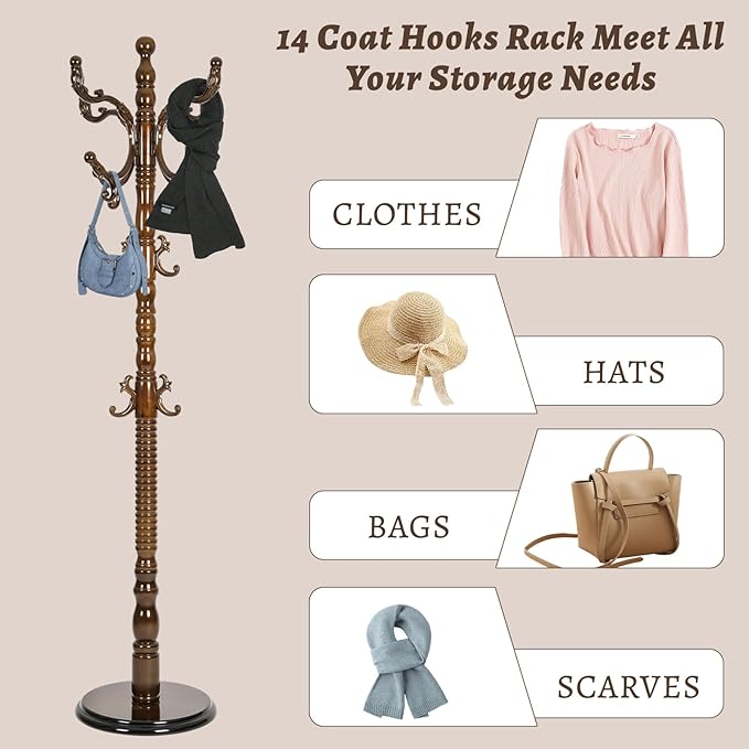 Wooden Coat Rack Freestanding with Resin Hooks, Adjustable Heavy Duty Stand for Hanging Coats, Bags, Hats, and Umbrellas in Living Room, Bedroom, Entryway (Walnut Color)