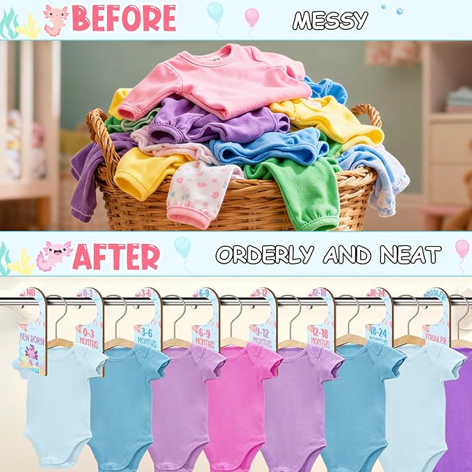 Baby Closet Dividers 8PCS, Axolotl Themed Wooden Double-Sided Clothes Size Hanger/Organizer from Newborn to Toddler for Nursery Decor Baby Shower Birthday Gender Reveal Party Gift