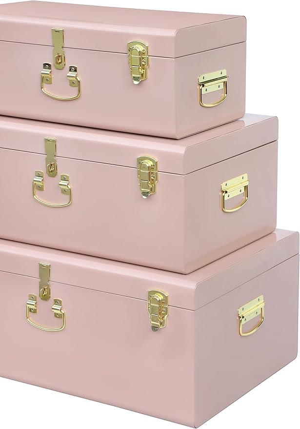 Vixdonos Decorative Box Set of 3 Metal Trunks Chest with Safety Lock Clasp for Treasure Organization and Home Dorm Decor,26.8x16.5x11Inches