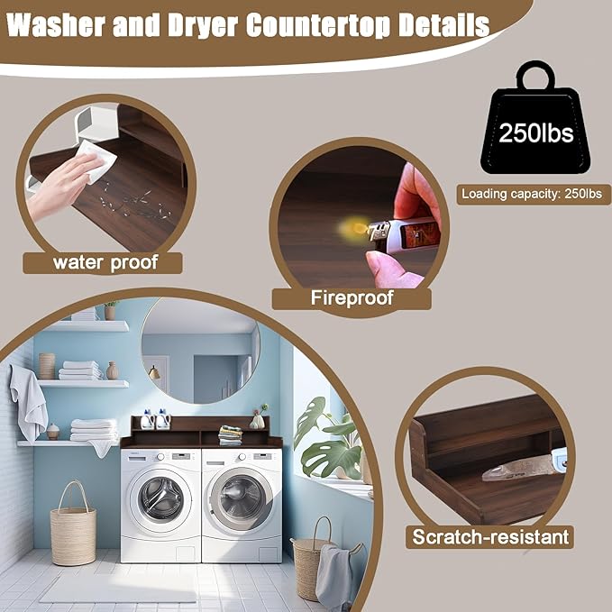 2-Tier Washer and Dryer Countertop, Wooden Washer Dryer Countertop, 27.5" Depth X 54" Laundry Countertop Over Washer and Dryer for Folding Clothes Over Washer and Dryer (Dark Walnut)