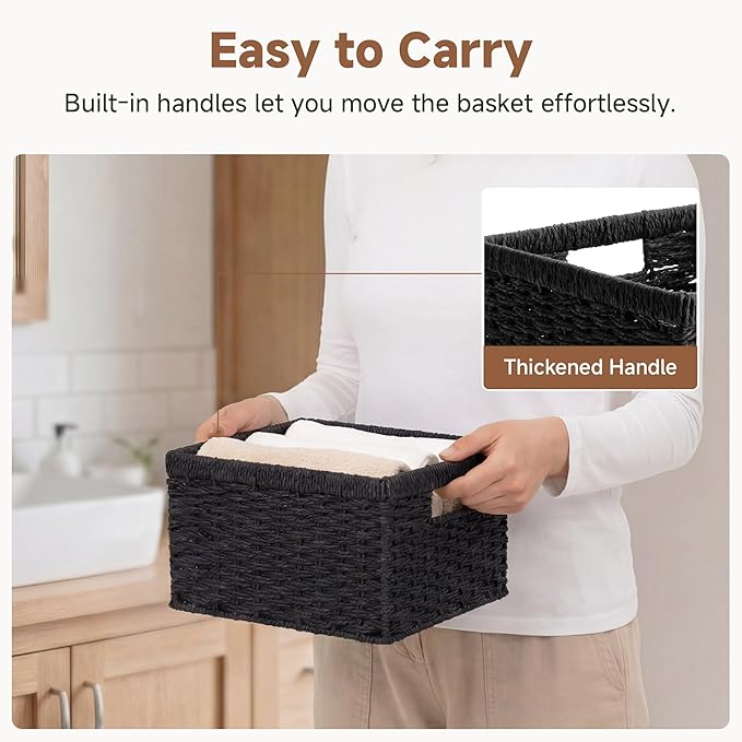 StorageWorks Wicker Basket with Handle, Wicker Storage Baskets for Organizing, Decorative Storage Baskets for Shelves, Paper Rope, Black, 2-Pack