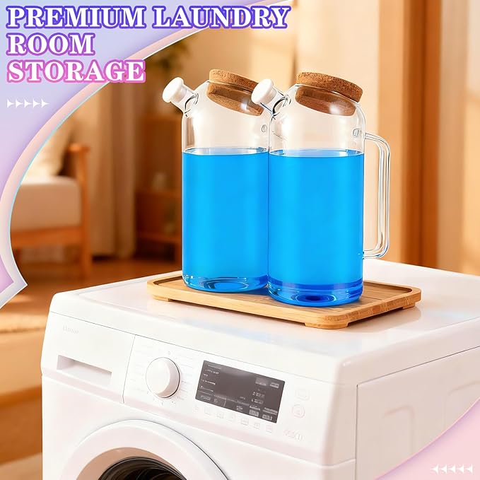 TLY 2 Pack Glass Laundry Detergent Dispenser with Tray,60oz Tilted Spout Laundry Soap Container for Laundry Room Organization Detergent Storage Containers for Powder