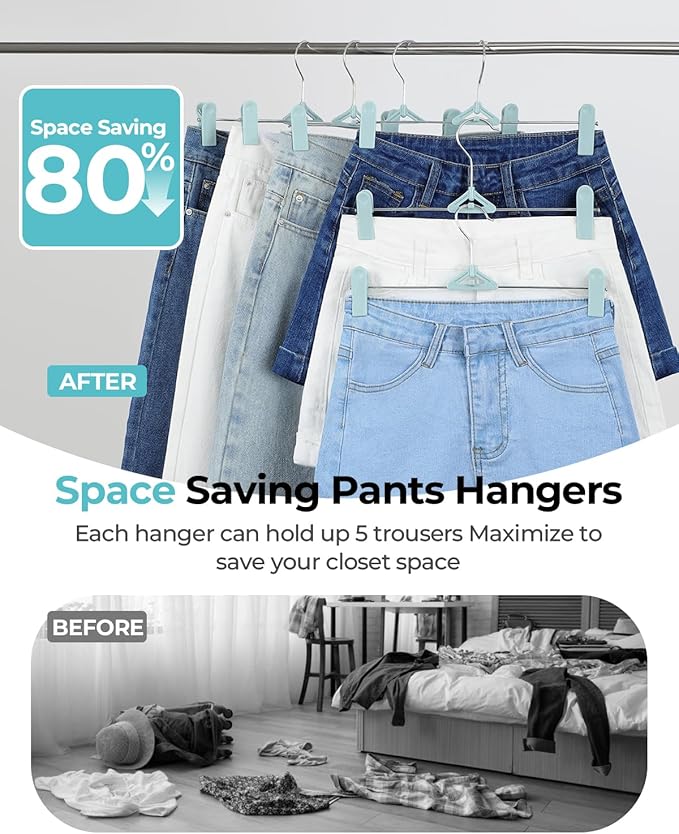 Pant Skirt Hangers with Clips 50 Pack - Space Saving Stackable Shorts Hangers with Clips - Non-Slip, Adjustable for Women, Kids, Men, Children, Blue